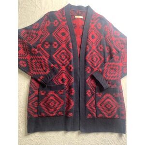 WoolOvers Red Navy Aztec Geometric Knit Cardigan Sweater Medium Open Front